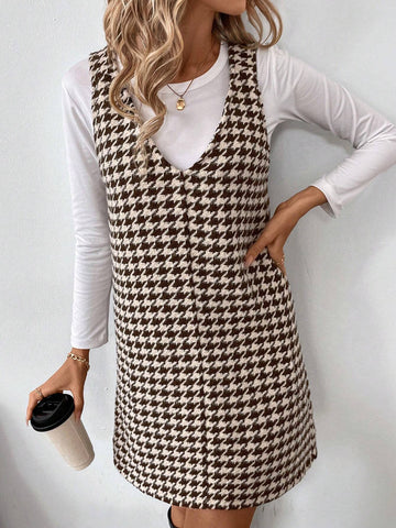 Women Casual Street Style Brown Houndstooth Print Slip Dress, Autumn