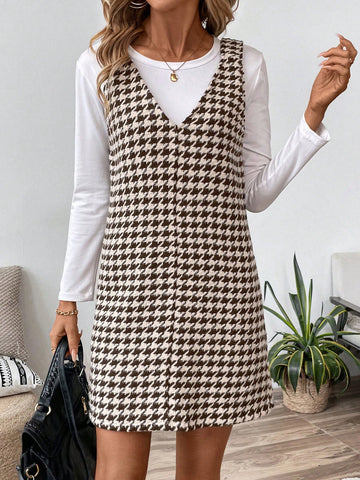 Women Casual Street Style Brown Houndstooth Print Slip Dress, Autumn