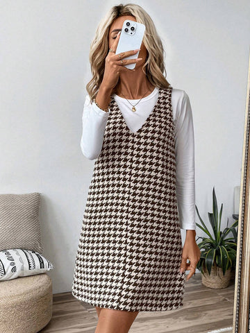 Women Casual Street Style Brown Houndstooth Print Slip Dress, Autumn