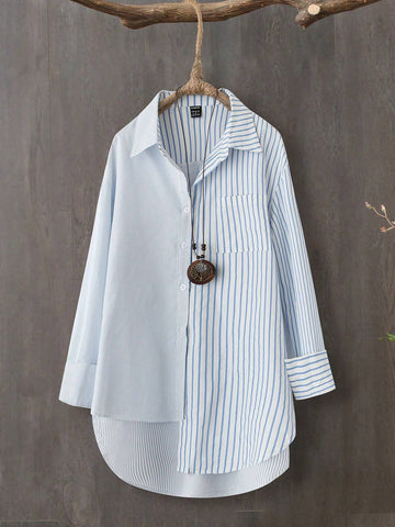 LUNE Women Casual Stripe Patchwork Open Front Long Sleeve Shirt, Autumn
