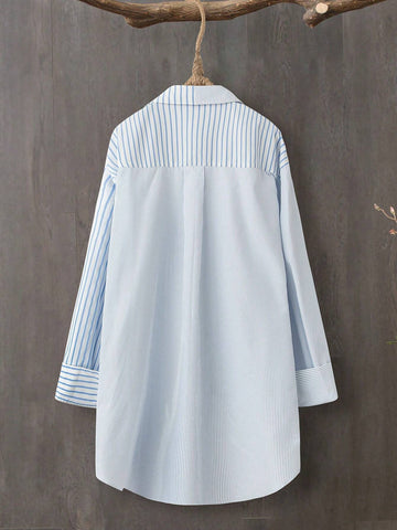 LUNE Women Casual Stripe Patchwork Open Front Long Sleeve Shirt, Autumn