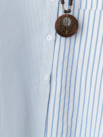 LUNE Women Casual Stripe Patchwork Open Front Long Sleeve Shirt, Autumn