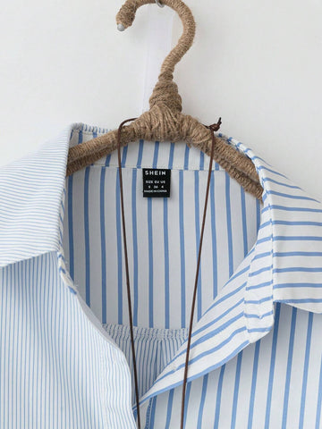 LUNE Women Casual Stripe Patchwork Open Front Long Sleeve Shirt, Autumn