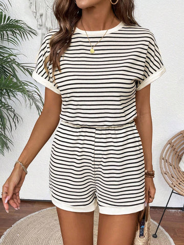 Women Casual Striped Batwing Sleeve Jumpsuit