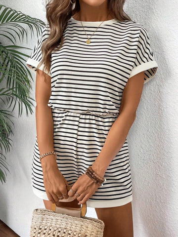 Women Casual Striped Batwing Sleeve Jumpsuit