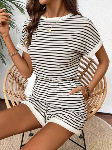 Women Casual Striped Batwing Sleeve Jumpsuit