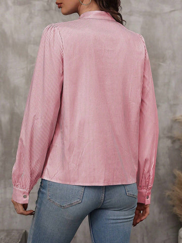 LUNE Women Casual Striped Knot Collar Button Decor Shirt, Autumn