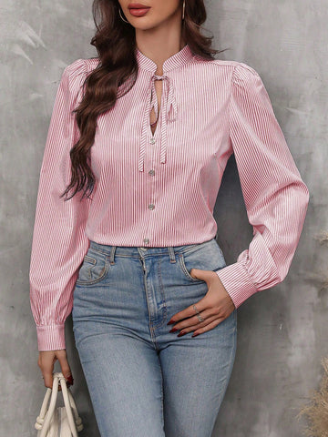 LUNE Women Casual Striped Knot Collar Button Decor Shirt, Autumn