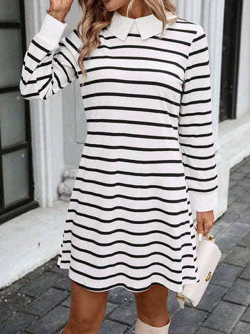 Women Casual Striped Long Sleeve Dress, Suitable For Autumn