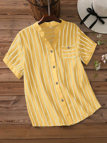 LUNE Women Casual Striped Print V-Neck Short Sleeve Shirt, Summer