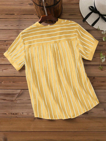 LUNE Women Casual Striped Print V-Neck Short Sleeve Shirt, Summer
