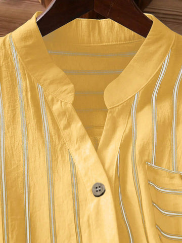 LUNE Women Casual Striped Print V-Neck Short Sleeve Shirt, Summer