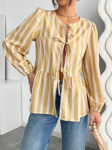 LUNE Women Casual Striped Puff Sleeve Tie Front Blouse, Autumn