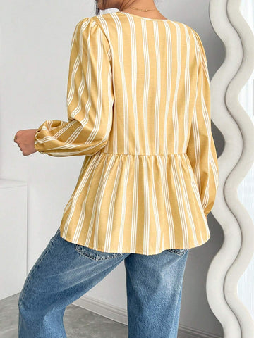 LUNE Women Casual Striped Puff Sleeve Tie Front Blouse, Autumn