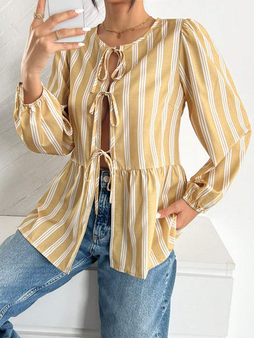 LUNE Women Casual Striped Puff Sleeve Tie Front Blouse, Autumn