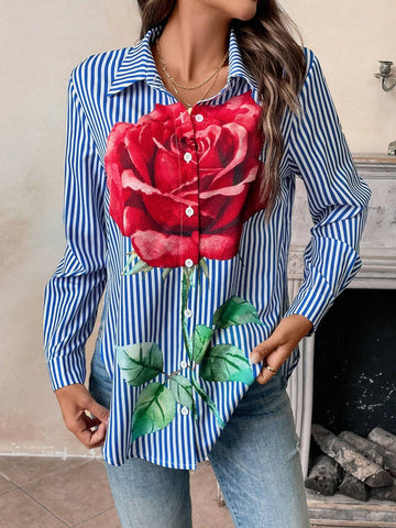 LUNE Women Casual Striped & Floral Printed Long Sleeve Blouse, Autumn/Winter