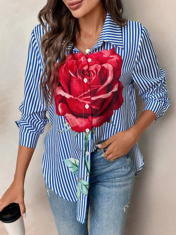 LUNE Women Casual Striped & Floral Printed Long Sleeve Blouse, Autumn/Winter