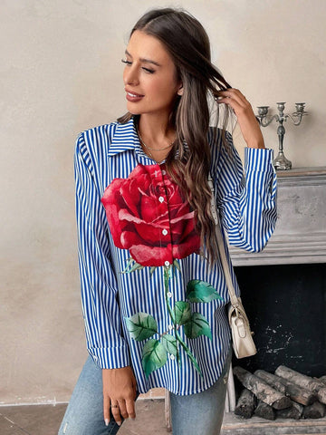 LUNE Women Casual Striped & Floral Printed Long Sleeve Blouse, Autumn/Winter