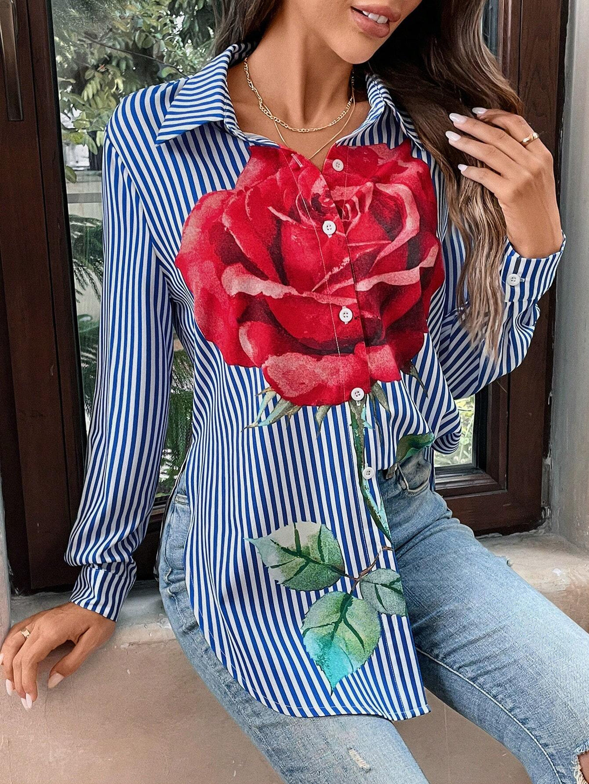 LUNE Women Casual Striped & Floral Printed Long Sleeve Blouse, Autumn/Winter