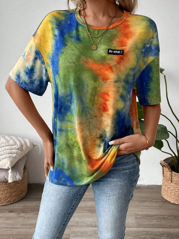 LUNE Women Casual Tie Dye Letter Patch Loose Drop Shoulder T-Shirt, Summer