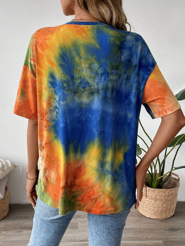 LUNE Women Casual Tie Dye Letter Patch Loose Drop Shoulder T-Shirt, Summer