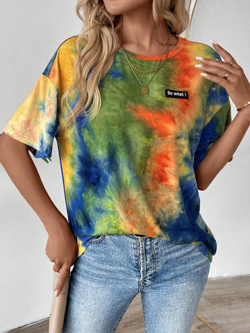 LUNE Women Casual Tie Dye Letter Patch Loose Drop Shoulder T-Shirt, Summer