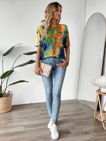 LUNE Women Casual Tie Dye Letter Patch Loose Drop Shoulder T-Shirt, Summer