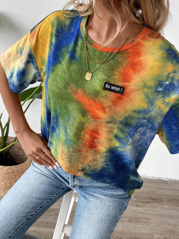 LUNE Women Casual Tie Dye Letter Patch Loose Drop Shoulder T-Shirt, Summer