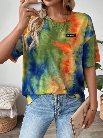 LUNE Women Casual Tie Dye Letter Patch Loose Drop Shoulder T-Shirt, Summer