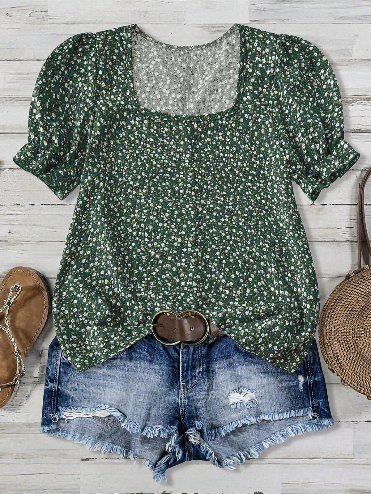 LUNE Women Casual Vacation Ditsy Floral Square Neck Puff Sleeve Blouse