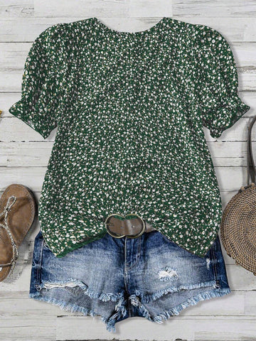 LUNE Women Casual Vacation Ditsy Floral Square Neck Puff Sleeve Blouse