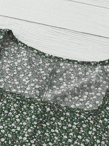 LUNE Women Casual Vacation Ditsy Floral Square Neck Puff Sleeve Blouse