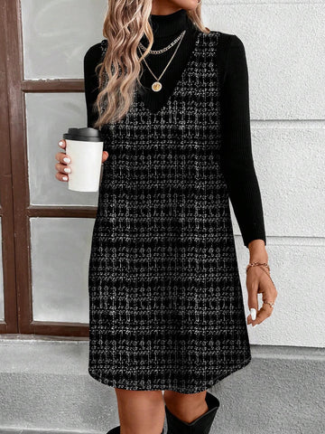 Women Christmas Plaid Print Casual Minimalist Pattern Short Dress, Suitable For Autumn/Winter