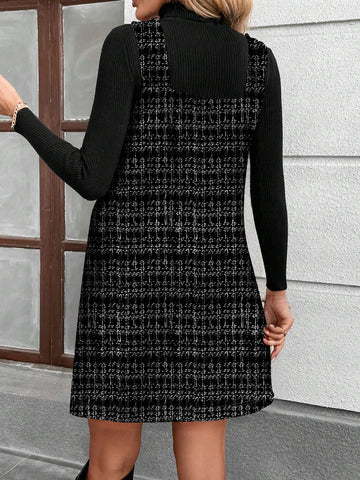 Women Christmas Plaid Print Casual Minimalist Pattern Short Dress, Suitable For Autumn/Winter