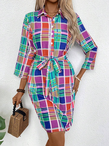 Women Color-Block Printed Belted Dress With Decorative Waist Belt