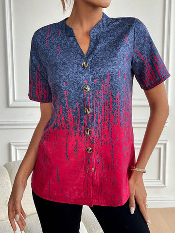 LUNE Women Colorful Floral Print Short Sleeve Shirt