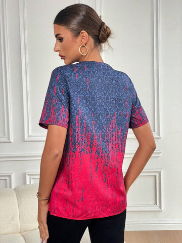 LUNE Women Colorful Floral Print Short Sleeve Shirt