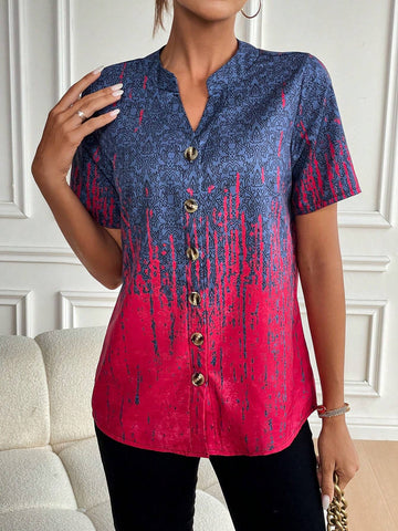 LUNE Women Colorful Floral Print Short Sleeve Shirt