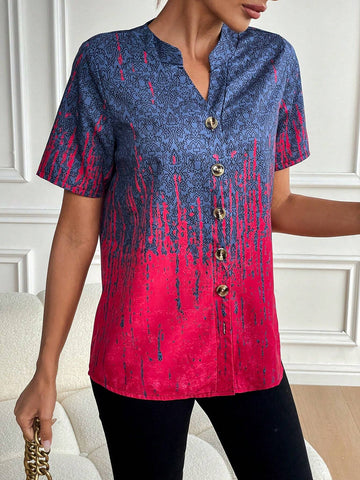 LUNE Women Colorful Floral Print Short Sleeve Shirt