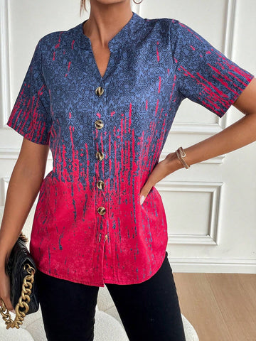 LUNE Women Colorful Floral Print Short Sleeve Shirt