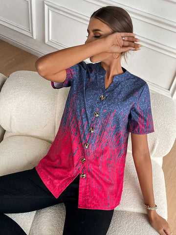 LUNE Women Colorful Floral Print Short Sleeve Shirt