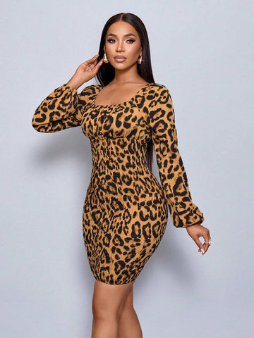 Women Elegant Leopard Print Lantern Sleeve Bodycon Dress, Autumn