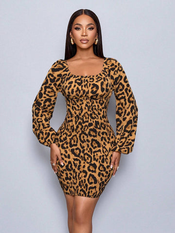 Women Elegant Leopard Print Lantern Sleeve Bodycon Dress, Autumn
