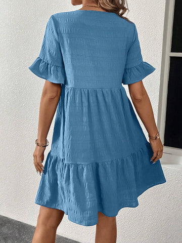 Women Elegant Round Neck Short Sleeve Ruffled Hem Design Dress