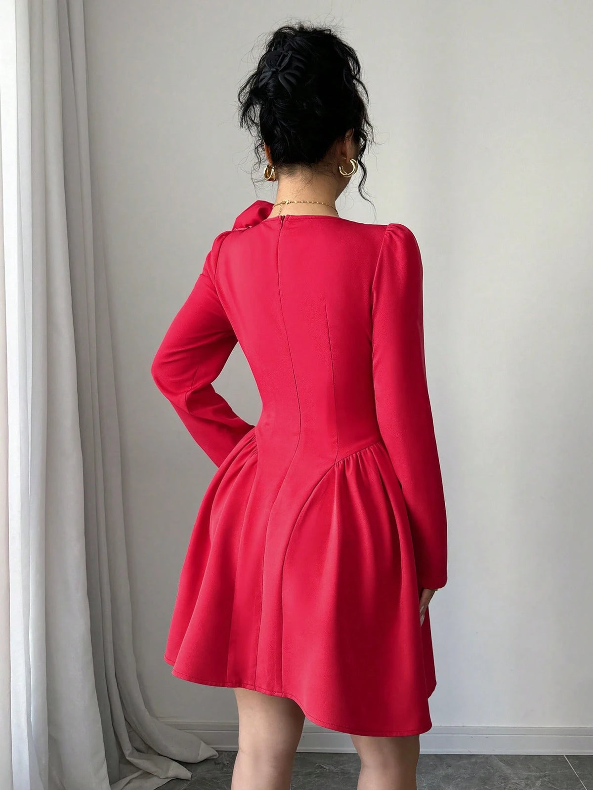 Women Elegant Solid Color Ruched Waist Mini Dress, Autumn