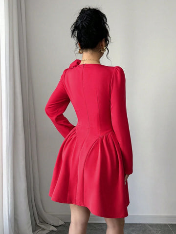 Women Elegant Solid Color Ruched Waist Mini Dress, Autumn