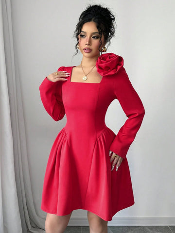 Women Elegant Solid Color Ruched Waist Mini Dress, Autumn