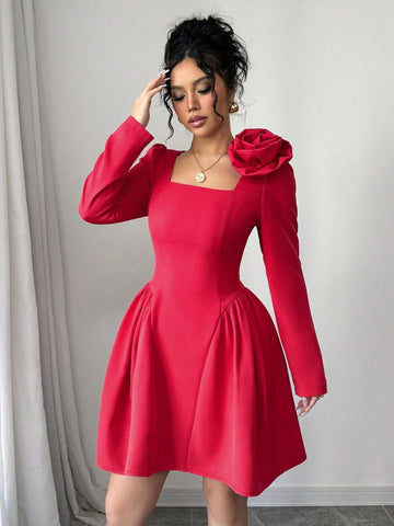 Women Elegant Solid Color Ruched Waist Mini Dress, Autumn