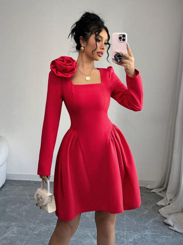 Women Elegant Solid Color Ruched Waist Mini Dress, Autumn