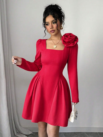 Women Elegant Solid Color Ruched Waist Mini Dress, Autumn